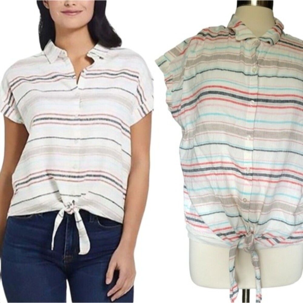 Weatherproof Vintage Linen Tie Bottom ButtonDown Top - XL